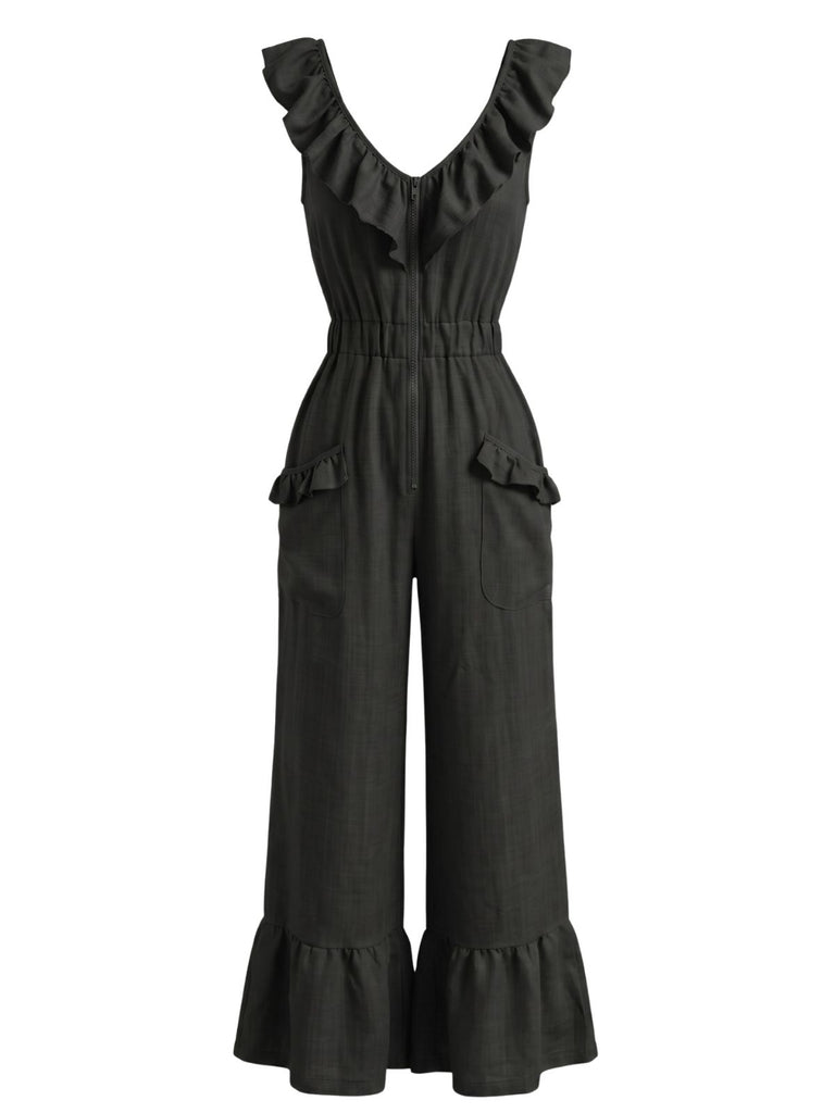 1950s V-Neck Ruffle Hem Drawstring Wide Leg Jumpsuit