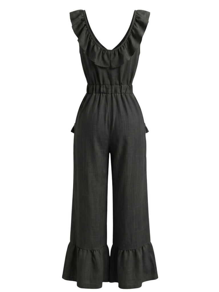 1950s V-Neck Ruffle Hem Drawstring Wide Leg Jumpsuit
