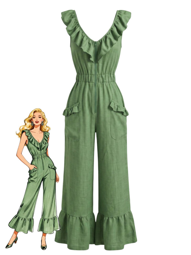 1950s V-Neck Ruffle Hem Drawstring Wide Leg Jumpsuit