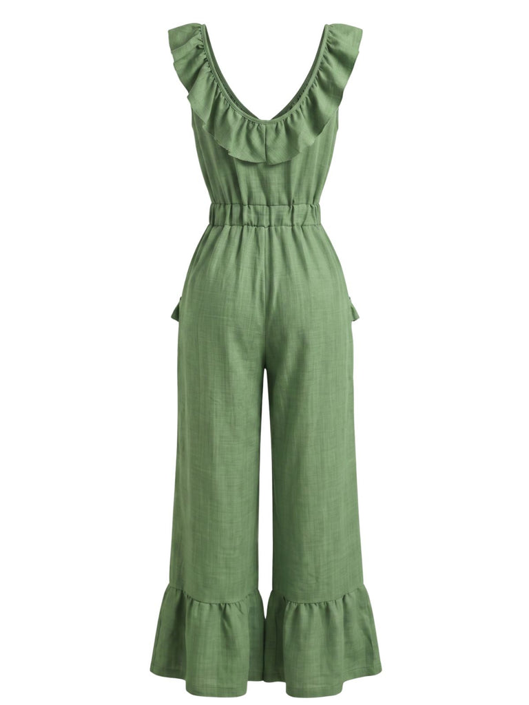 1950s V-Neck Ruffle Hem Drawstring Wide Leg Jumpsuit