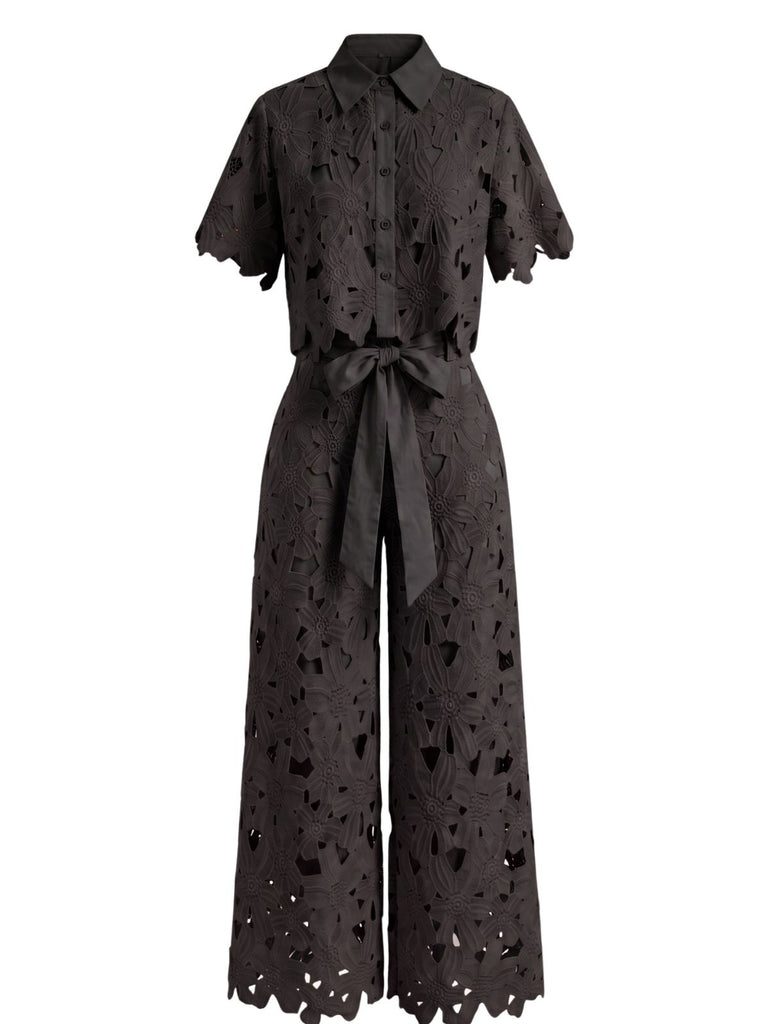 2PCS 1940s Lace Hollow Out Shirt & Wide-Leg Pants