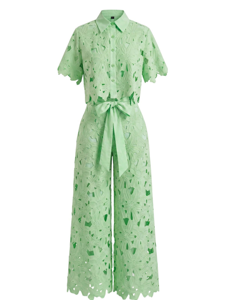 2PCS 1940s Lace Hollow Out Shirt & Wide-Leg Pants