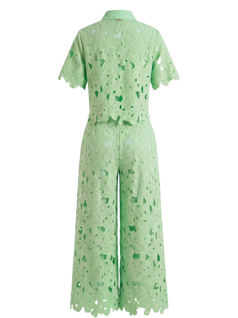 2PCS 1940s Lace Hollow Out Shirt & Wide-Leg Pants