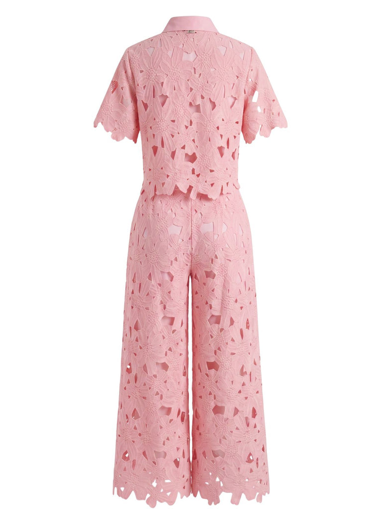 2PCS 1940s Lace Hollow Out Shirt & Wide-Leg Pants
