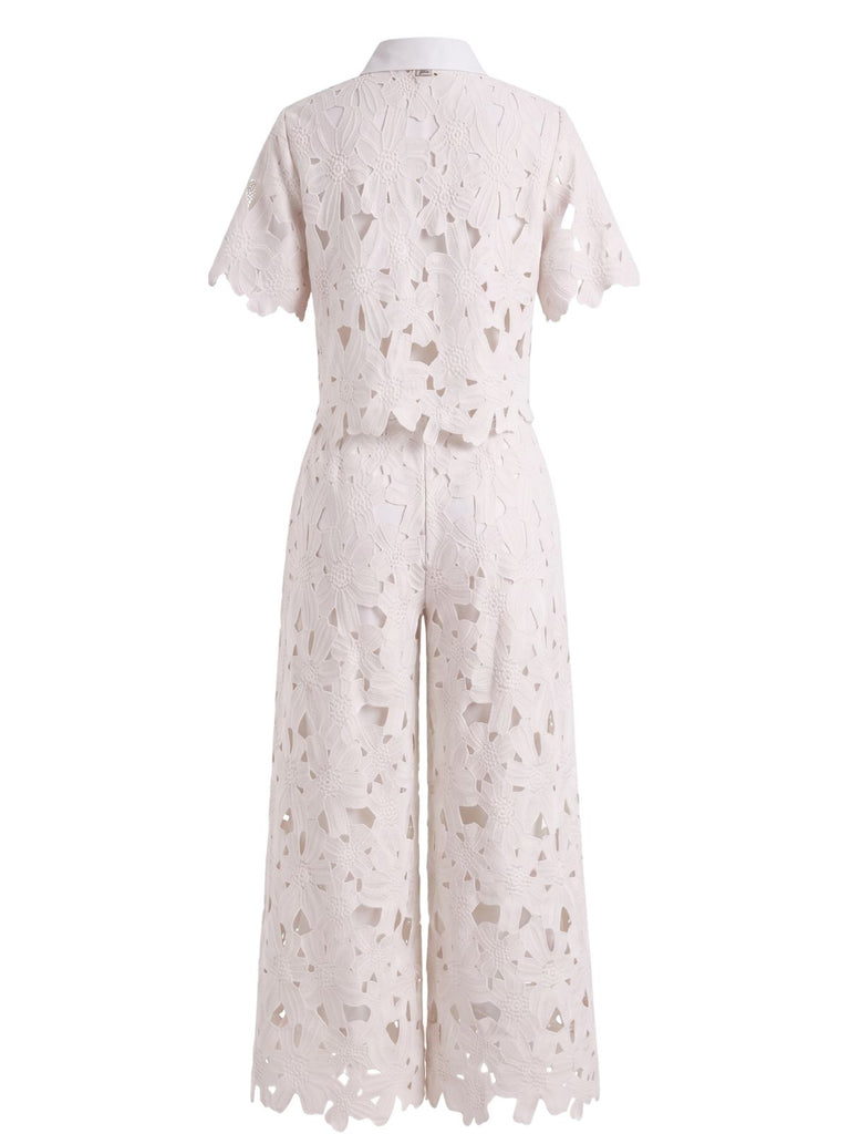 2PCS 1940s Lace Hollow Out Shirt & Wide-Leg Pants