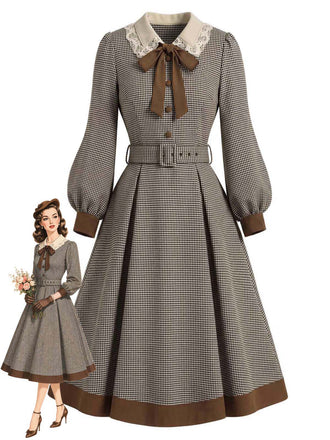 [Pre-Sale] Light Brown 1950s Houndstooth Bow Tie Collar Belted Dress