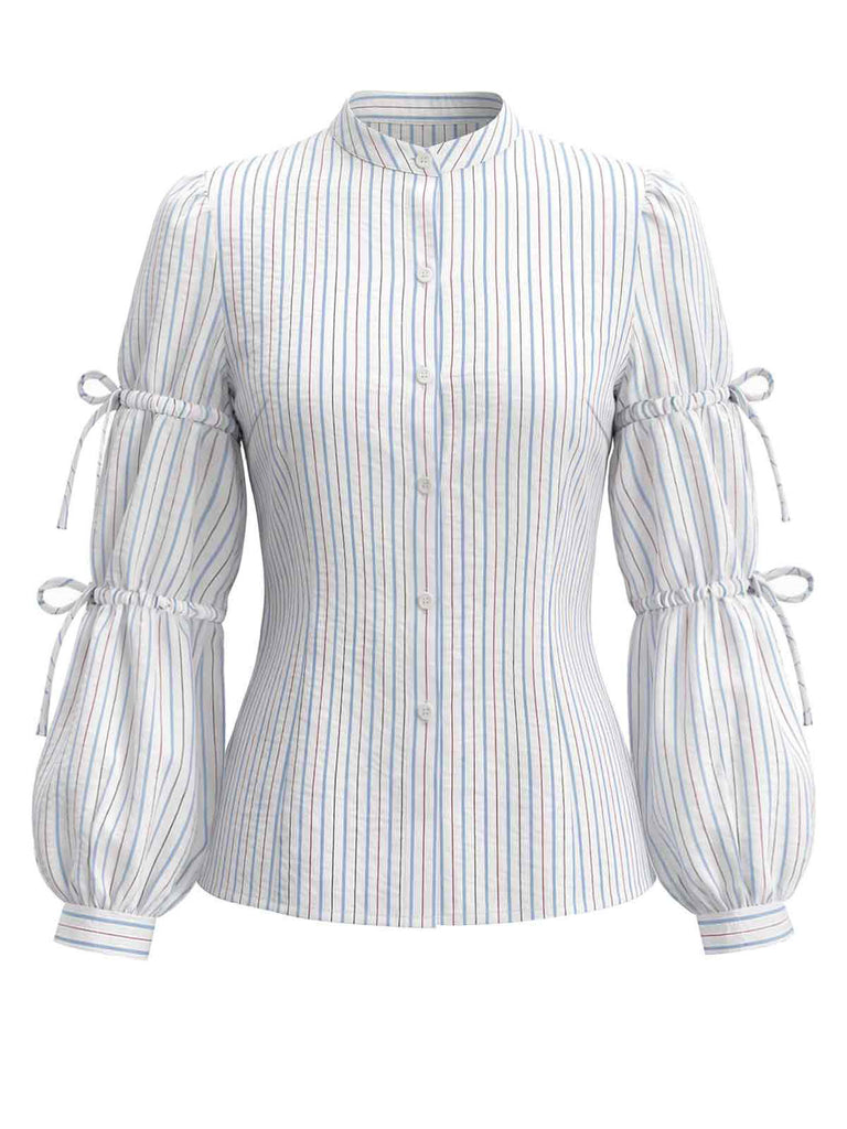 [Pre-Sale] 2PCS 1940s Striped Tied Lantern Sleeve Blouse & Solid Dress