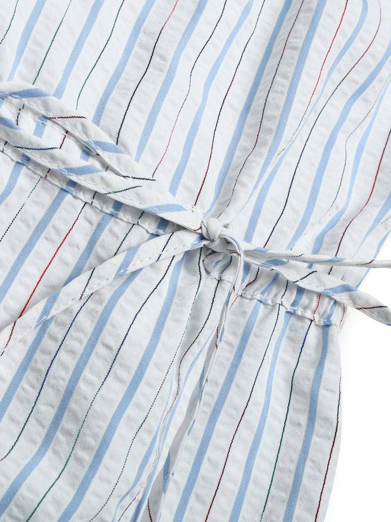 [Pre-Sale] 2PCS 1940s Striped Tied Lantern Sleeve Blouse & Solid Dress
