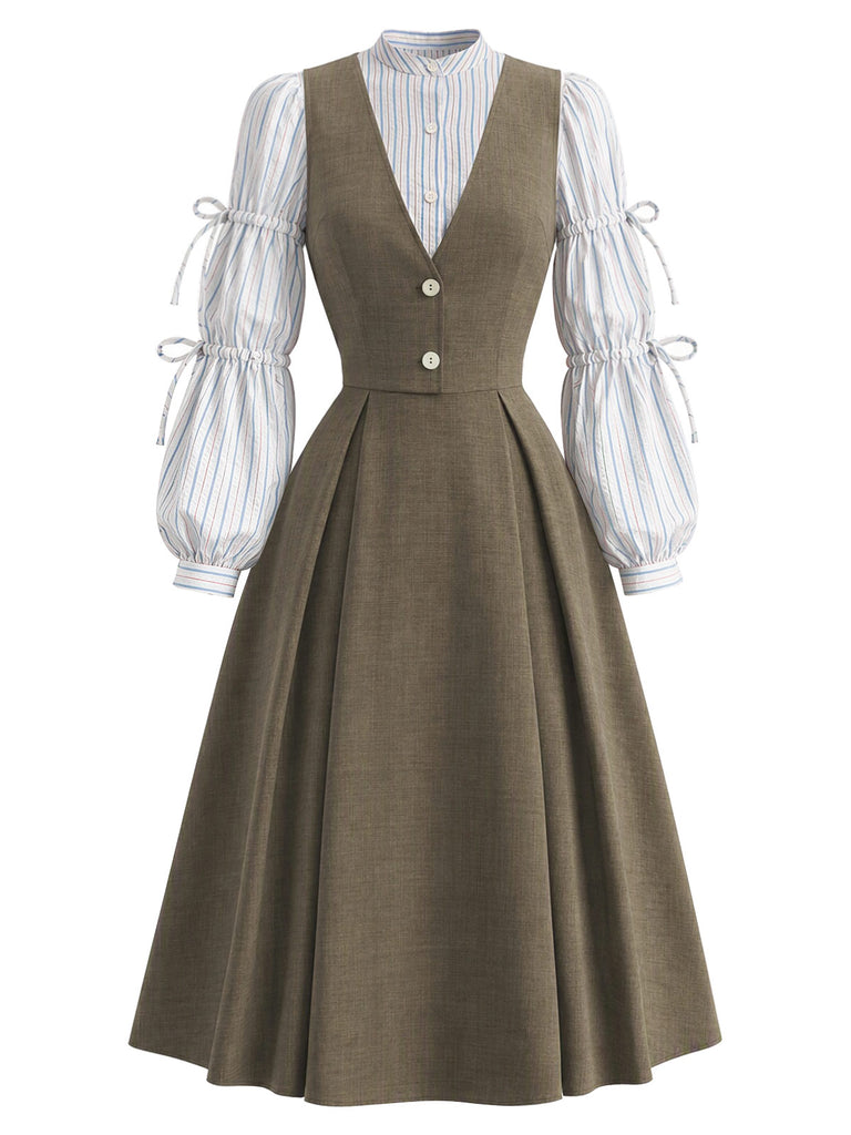 [Pre-Sale] 2PCS 1940s Striped Tied Lantern Sleeve Blouse & Solid Dress