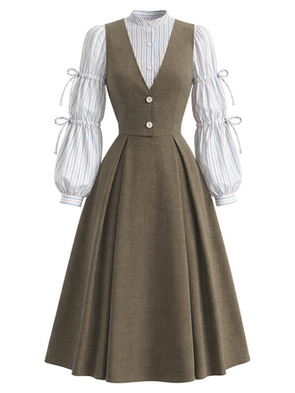 [Pre-Sale] 2PCS 1940s Striped Tied Lantern Sleeve Blouse & Solid Dress