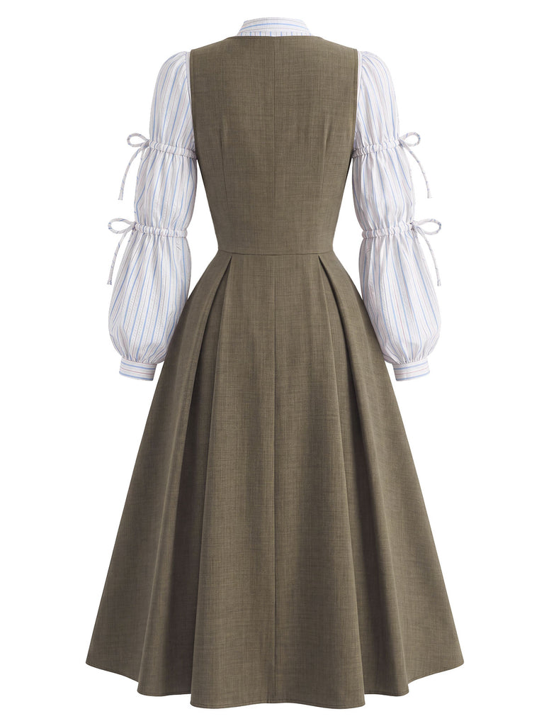[Pre-Sale] 2PCS 1940s Striped Tied Lantern Sleeve Blouse & Solid Dress