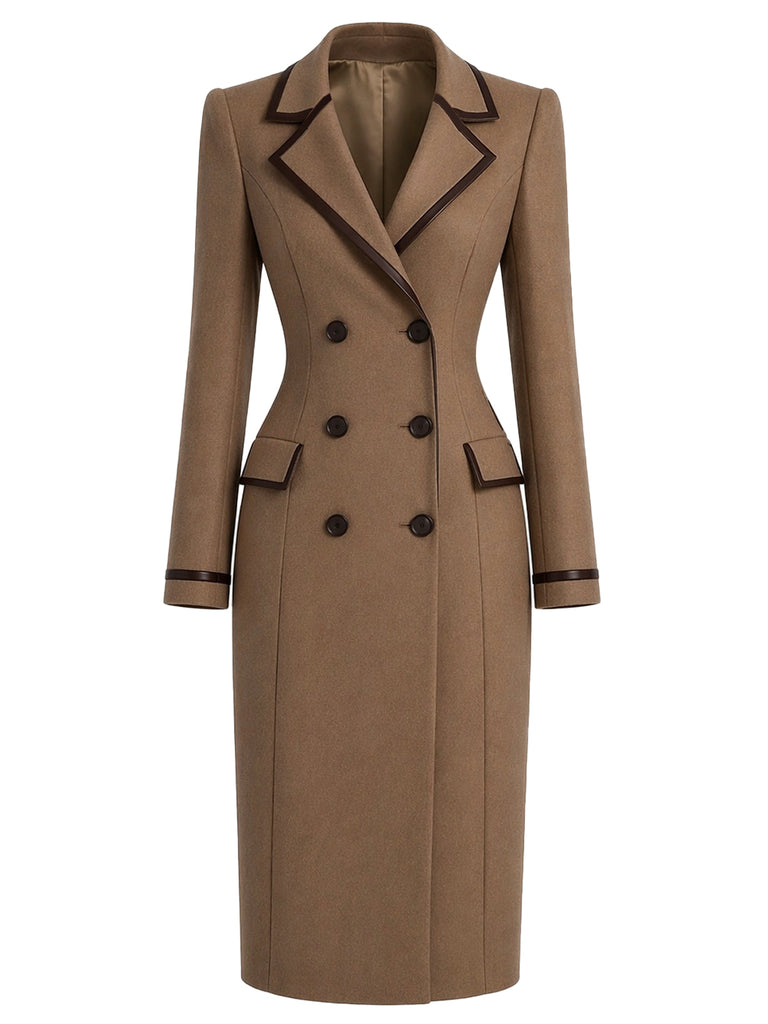 [Pre-Sale] Brown 1950s Double Breasted Leather Trim Coat