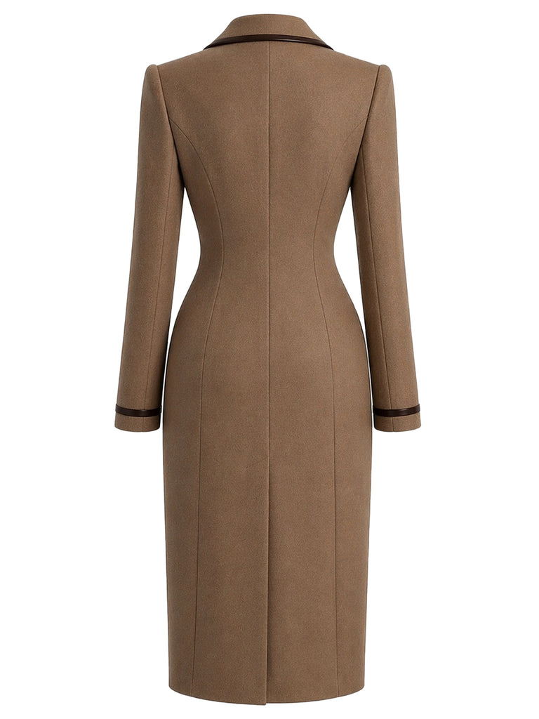 [Pre-Sale] Brown 1950s Double Breasted Leather Trim Coat