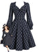 [Pre-Sale] Dark Blue 1950s Plaid Bow Long Sleeve A Line Dress