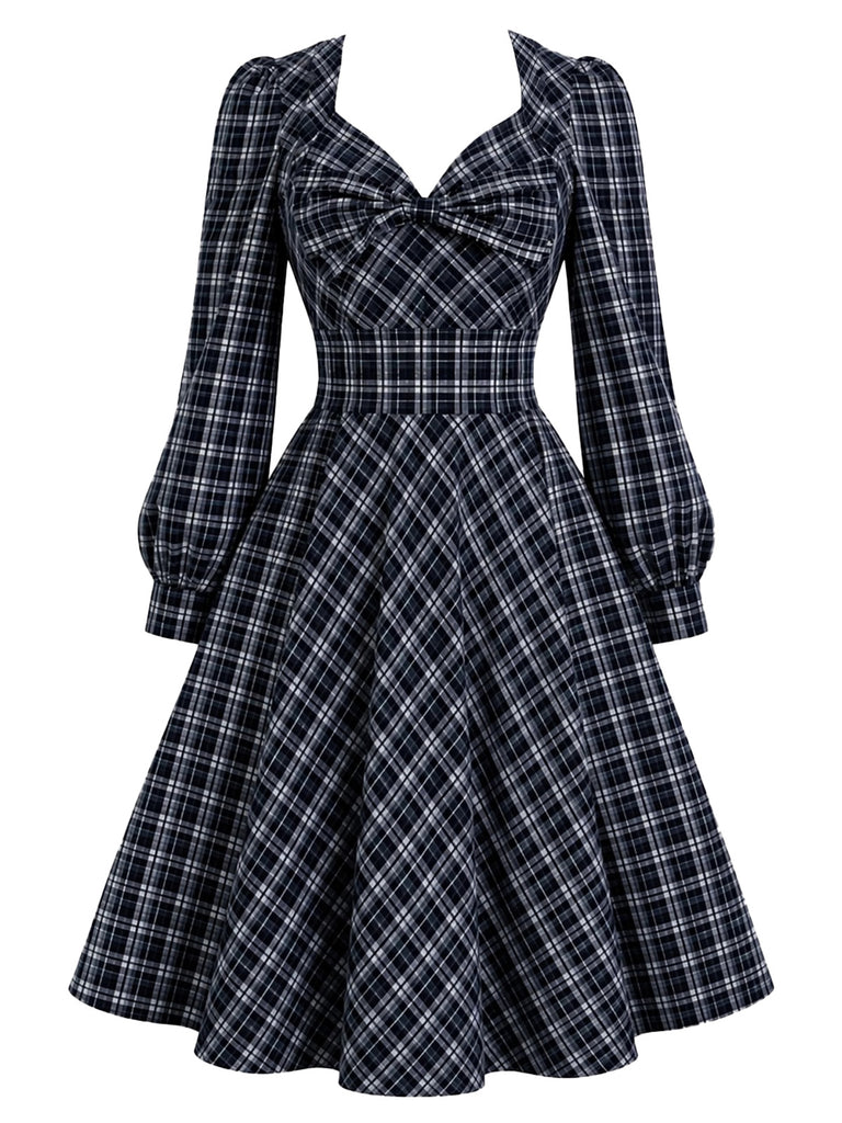 [Pre-Sale] Dark Blue 1950s Plaid Bow Long Sleeve A Line Dress