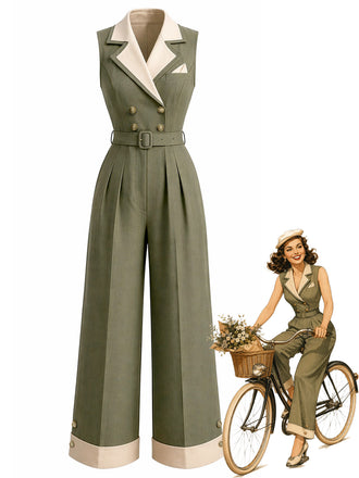 [Pre-Sale] 1930s Sleeveless Lapel Wide Leg Button Jumpsuit