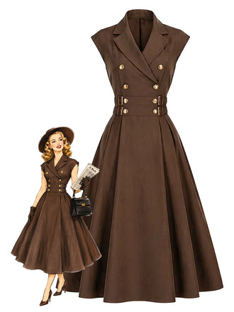 Brown 1940s Lapel Double-Breasted Belted Dress