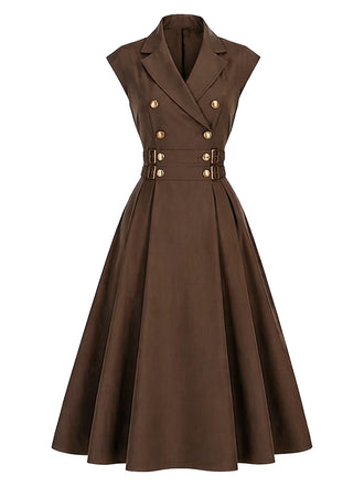 [Pre-Sale] Brown 1940s Lapel Double-Breasted Belted Dress