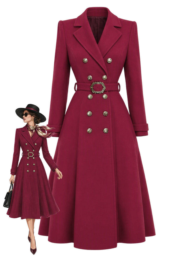 [Pre-Sale] Wine Red 1930s Double-Breasted Belted Coat