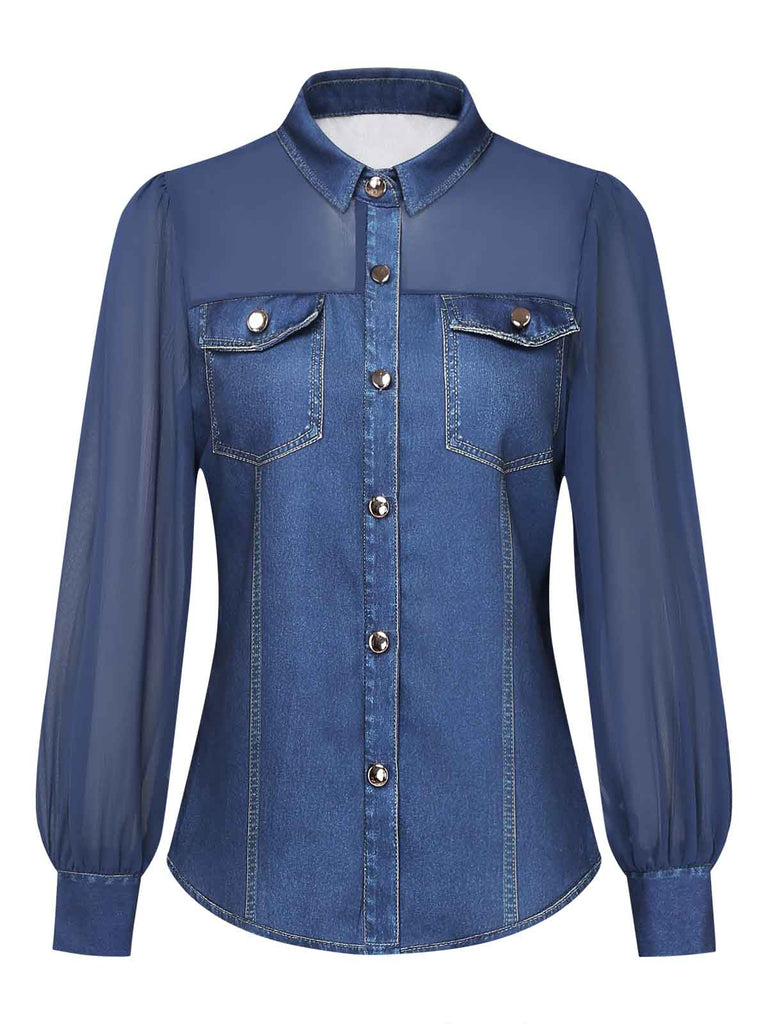 Printed Faux Denim Chiffon V Neck Blouse 1