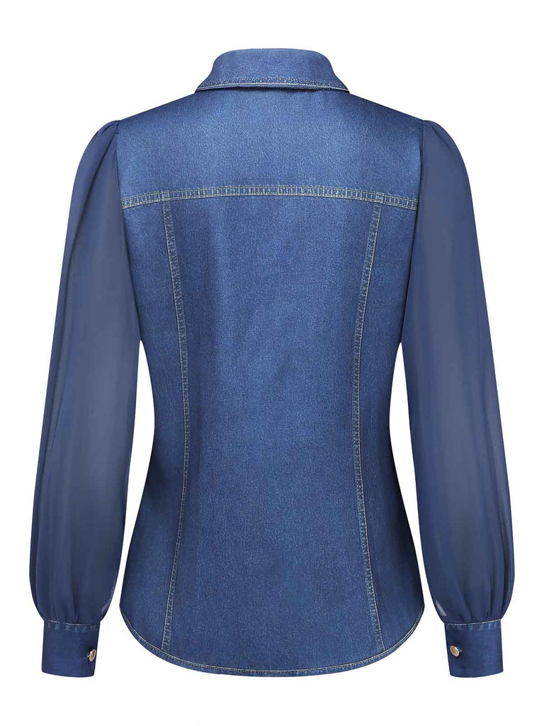 Printed Faux Denim Chiffon V Neck Blouse 2