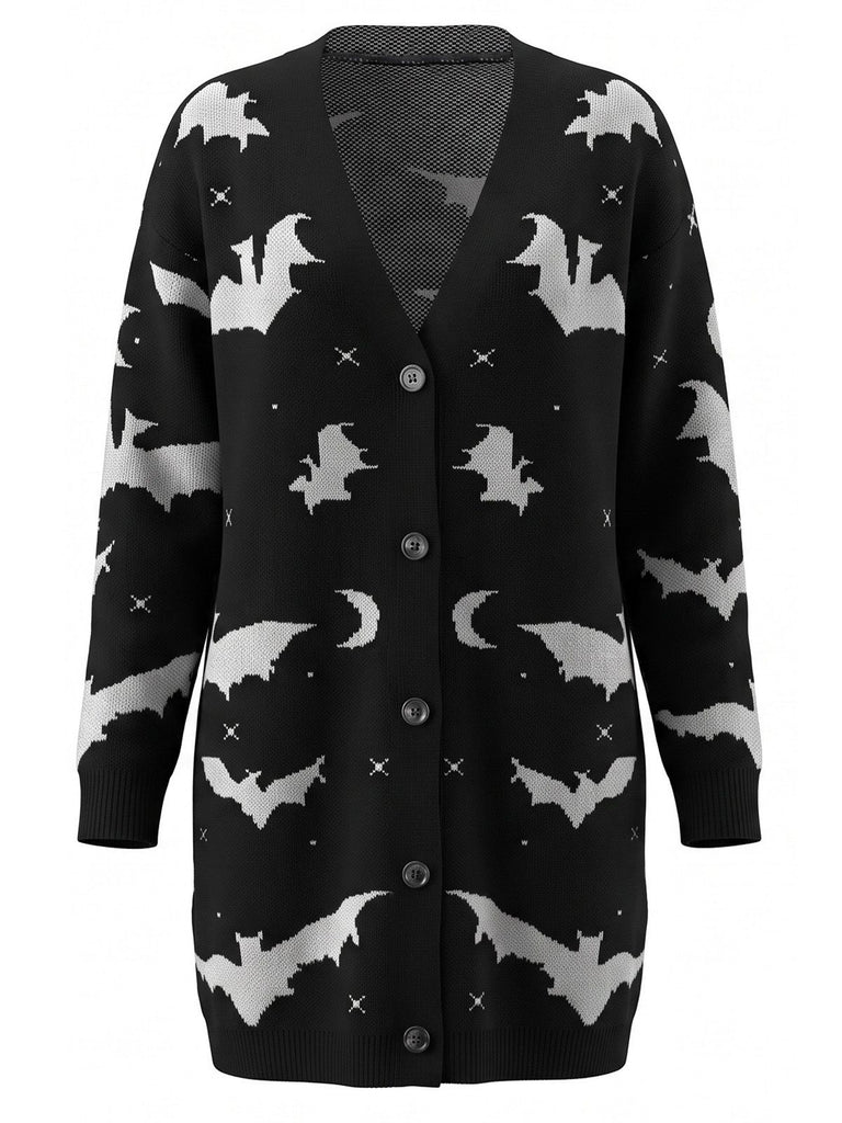 1970s Bat Moon Print Halloween Long Cardigan
