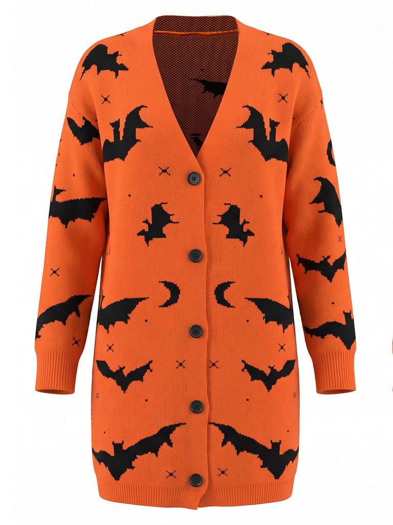 1970s Bat Moon Print Halloween Long Cardigan