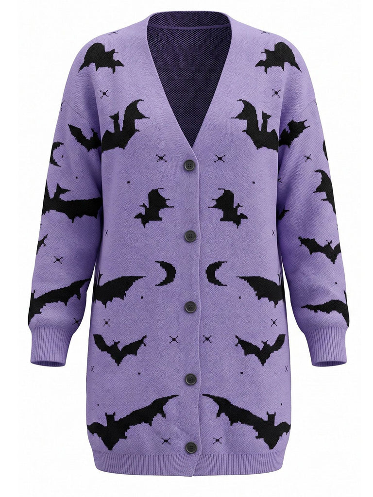 1970s Bat Moon Print Halloween Long Cardigan