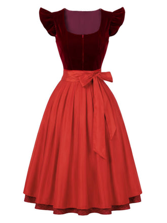 2PCS Red 1950s Square Neck Polka Dots Dress & Apron