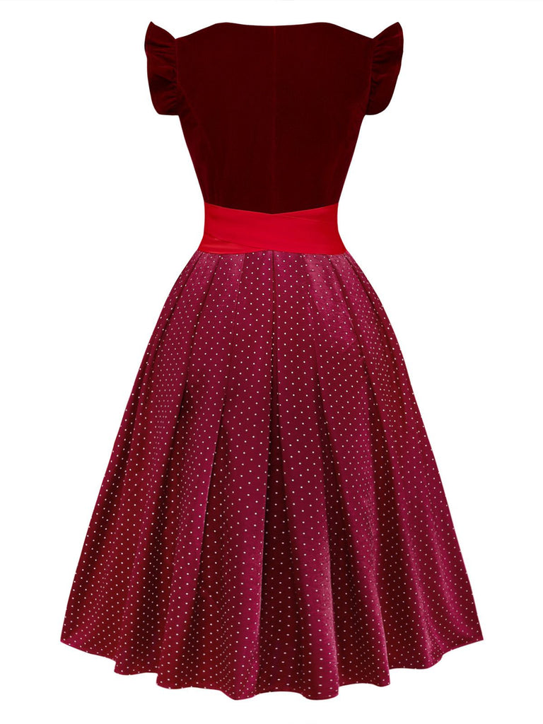 2PCS Red 1950s Square Neck Polka Dots Dress & Apron