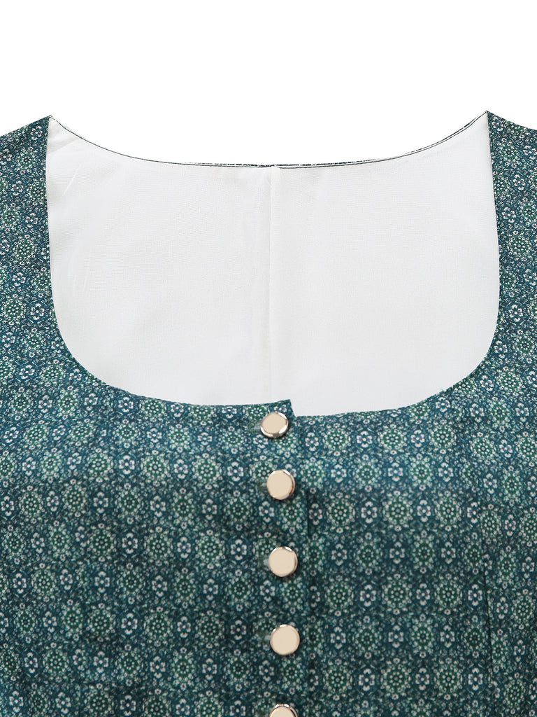 Green 1950s Floral Square Neck Dress 3
