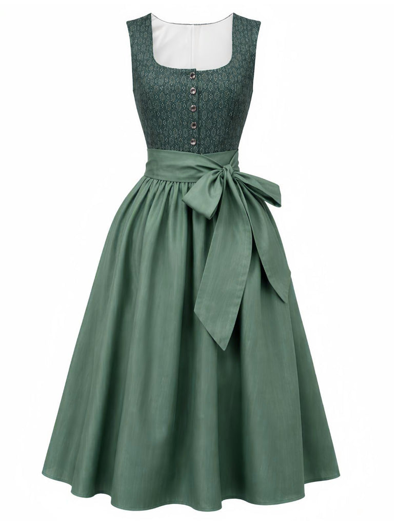 Green 1950s Ditsy Floral Print Square Neck Dress & Apron