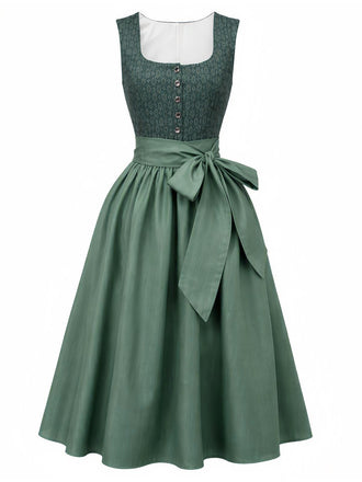 Green 1950s Ditsy Floral Print Square Neck Dress & Apron