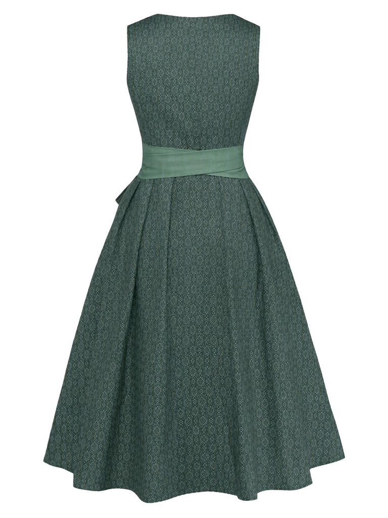Green 1950s Ditsy Floral Print Square Neck Dress & Apron