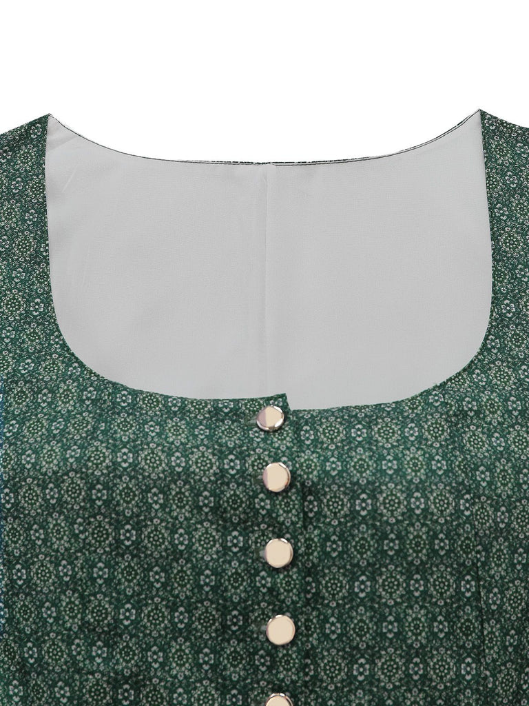 Green 1950s Ditsy Floral Print Square Neck Dress & Apron