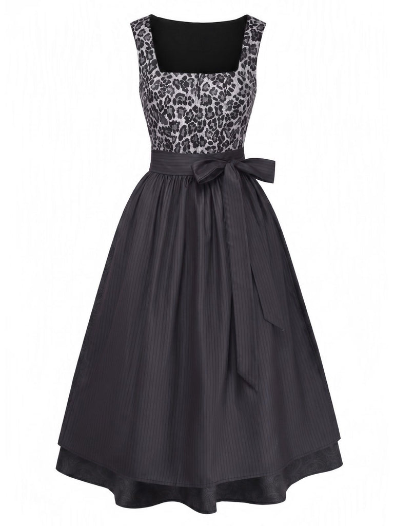2PCS Black 1950s Leopard Square Neck Sleeveless Dress with Apron