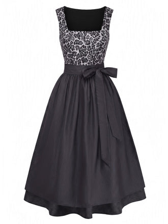 2PCS Black 1950s Leopard Square Neck Sleeveless Dress with Apron