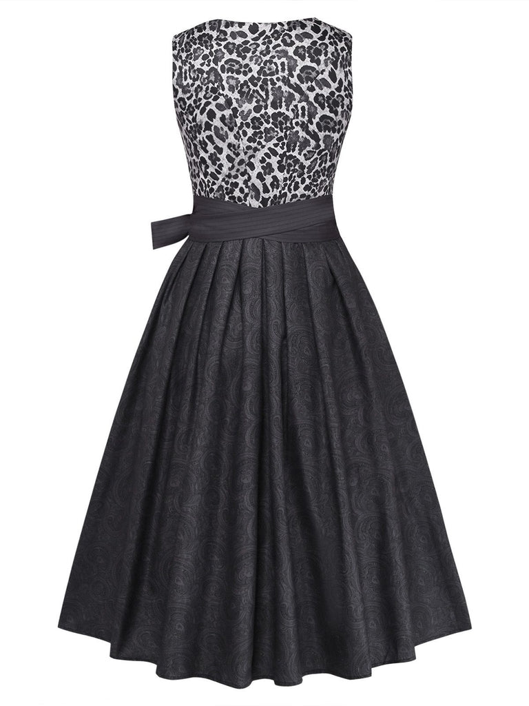 2PCS Black 1950s Leopard Square Neck Sleeveless Dress with Apron