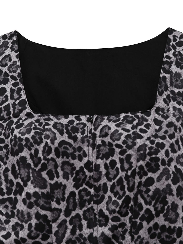 2PCS Black 1950s Leopard Square Neck Sleeveless Dress with Apron