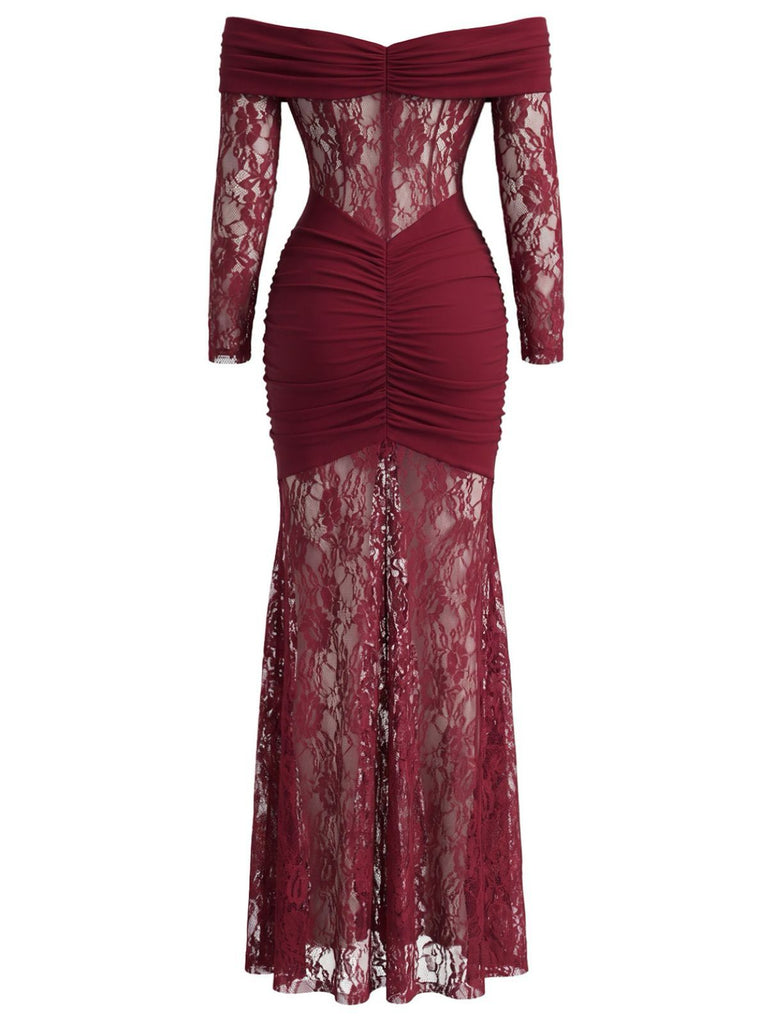 1930s Lace Off Shoulder Ruched Maxi Dress