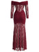 1930s Lace Off Shoulder Ruched Maxi Dress
