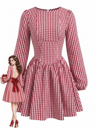 Red 1960s Plaid Bow Dress 1