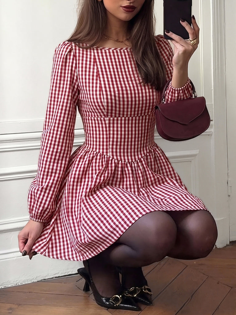 Red 1960s Plaid Bow Dress 4