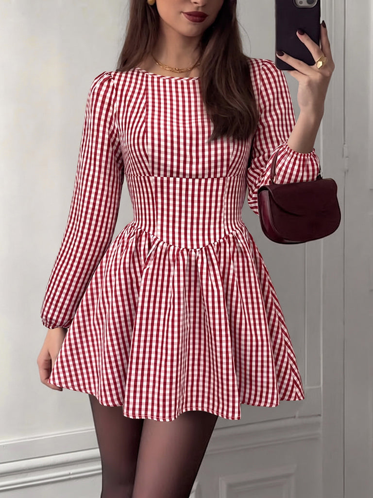 Red 1960s Plaid Bow Dress 5