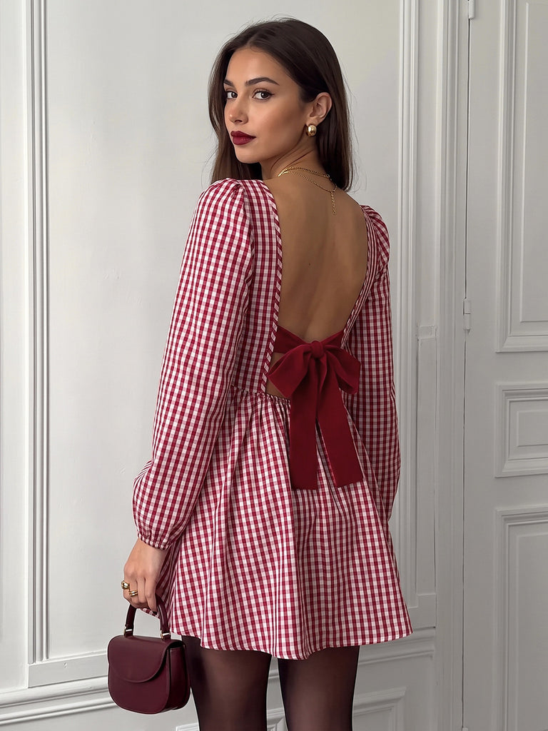 Red 1960s Plaid Bow Dress 6