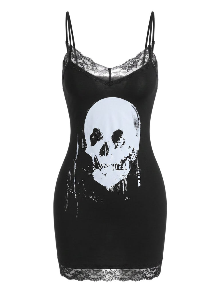Black 1960s Halloween Gothic Skull Print Lace Cami Dress