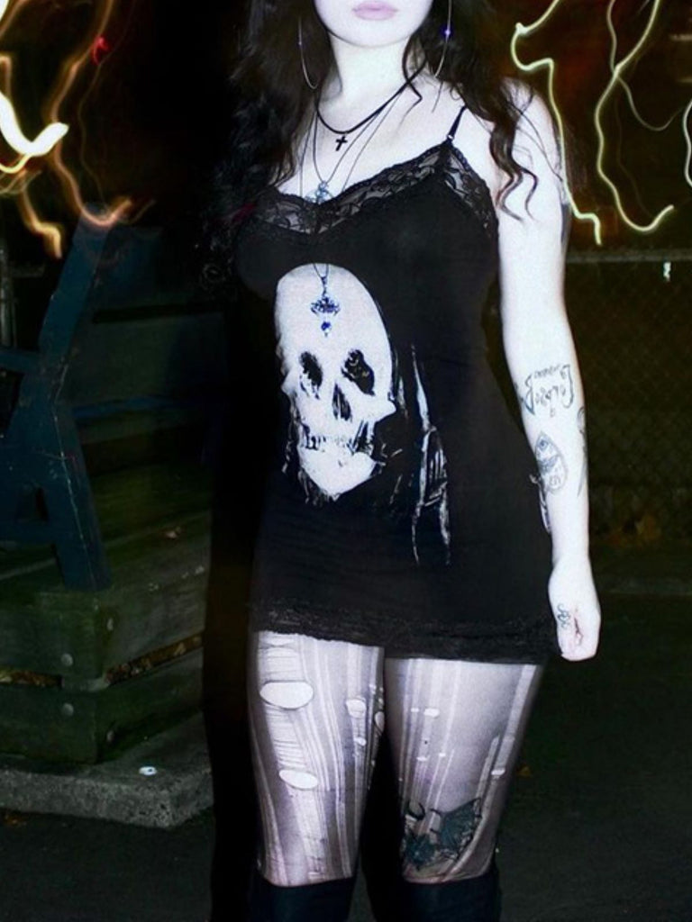 Black 1960s Halloween Gothic Skull Print Lace Cami Dress