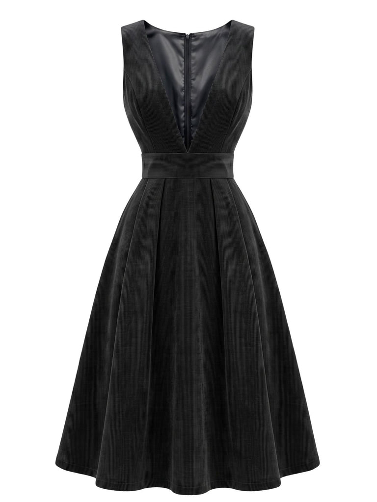 1950s Deep V-Neck Corduroy Pleated Pinafore