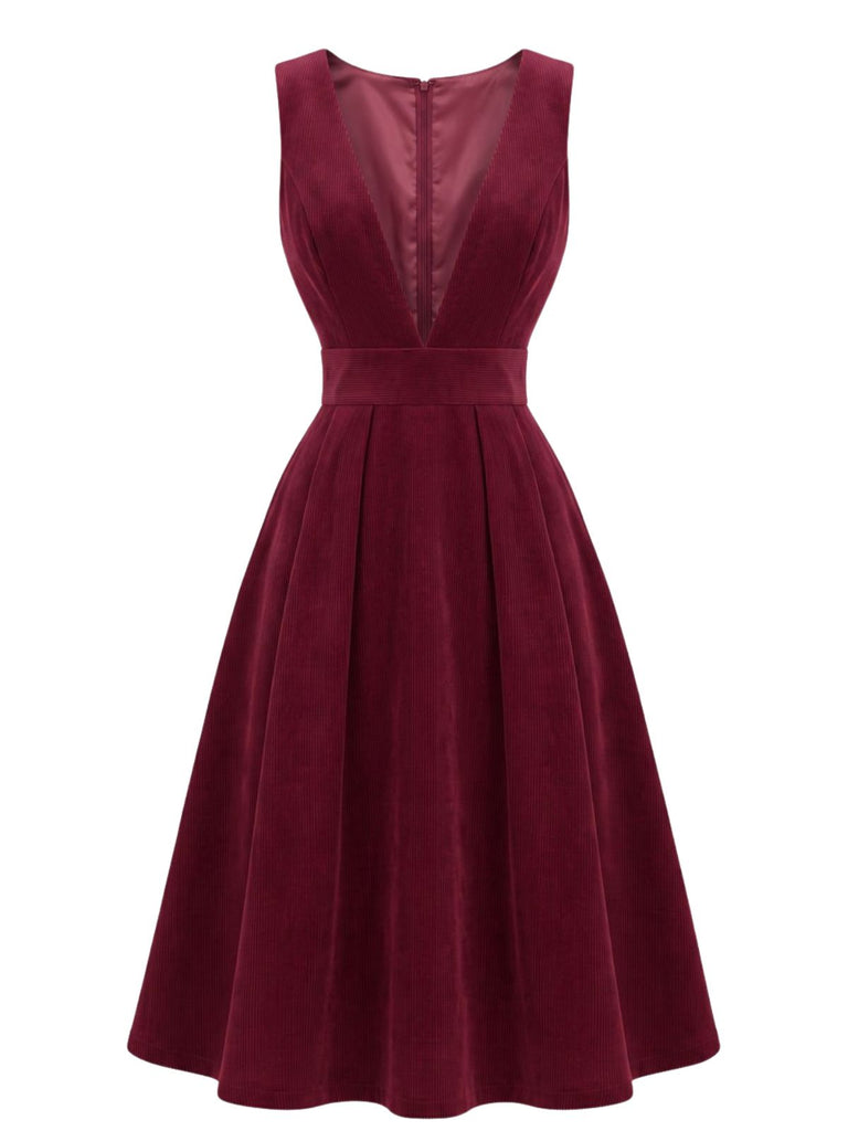 1950s Deep V-Neck Corduroy Pleated Pinafore