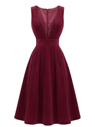 1950s Deep V-Neck Corduroy Pleated Pinafore